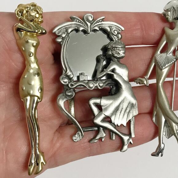 Vintage AJC Signed Mirror Sitting Lady Woman Figural Brooch Pin 3 Lot Set - Picture 4 of 16